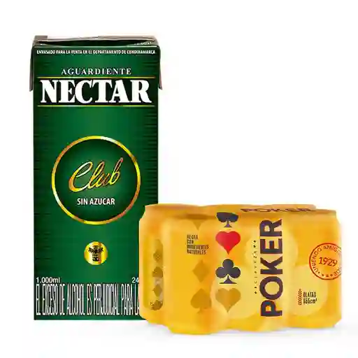 Aguardiente Nectar Verde Sin Azucar Tetra 1000 Ml + Six Pack Cerveza Poker Lata 330 Ml
