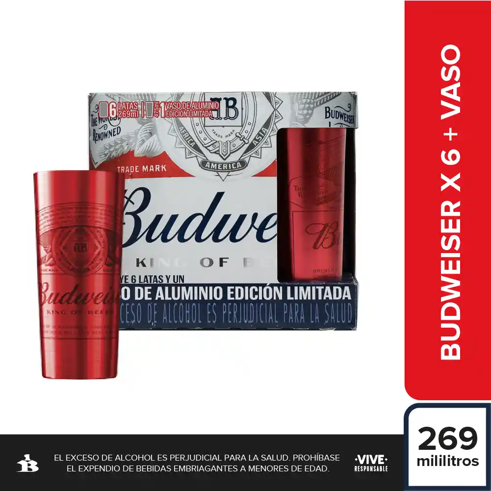 Kit Cerveza Budweiser Lata 269 ml x6 + 1 Vaso Aluminio