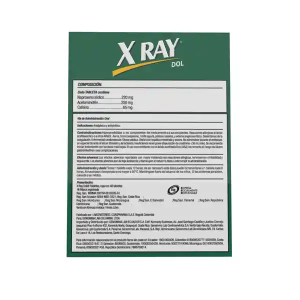 Xray Dol  Acetaminofén Naproxeno 220 mg  cafeína 65 mg  250 