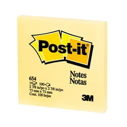 Post It -® Notas Adhesivas 654, Color Amarillo, 7,6 X 7,6 Cm