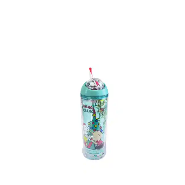 Botella Con Pitillo Bola Giratoria Snoopy Christmas Verde Miniso