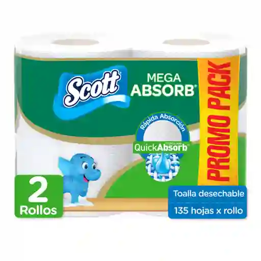 Toalla de Papel Desechable Scott Mega Absorb 2 Rollos 135 Hojas