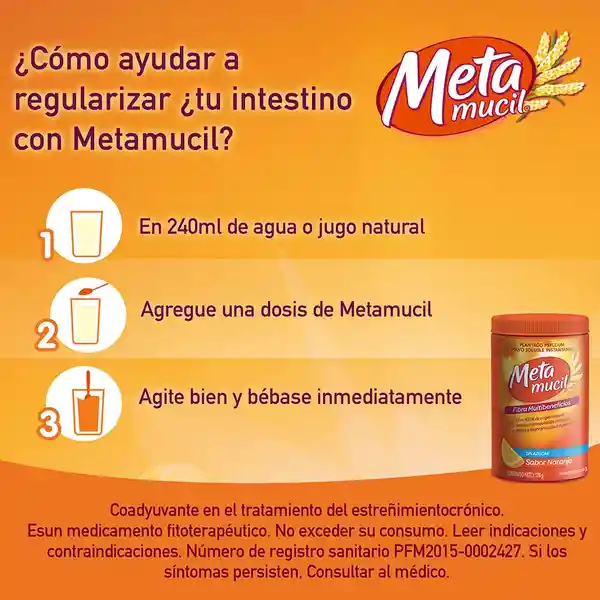 Metamucil Fibra Natural Psyllium ayuda a la regularización intestinal sabor Naranja 10 Unidades