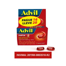 Advil Max Alivio de Los Dolores Asociados a la Inflamacion Ibuprofeno Pague 16 Lleve 20 Caps ​