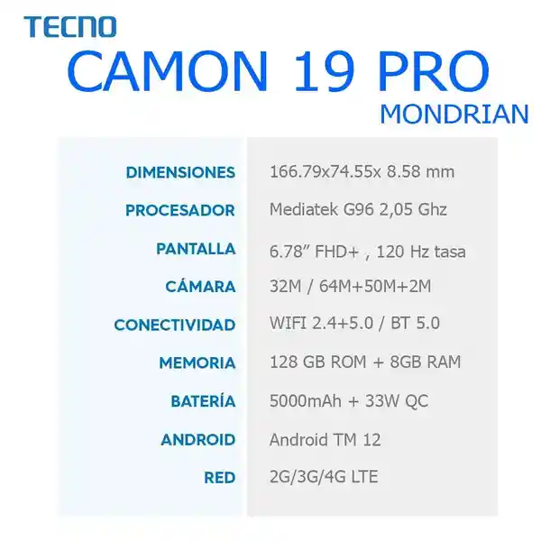 Tecno Mobile Celular Camon 19 Pro 128Gb Mondrian