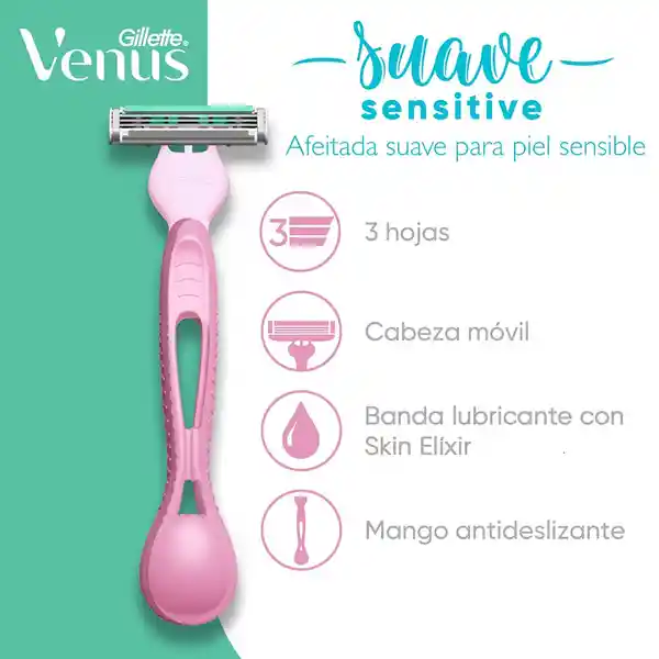 GILLETTE Venus Suave Sensitive Cuchilla de Afeitar Mujer Depilación Coporal para Piel Sensible Máquina de Afeitar 4 Uds