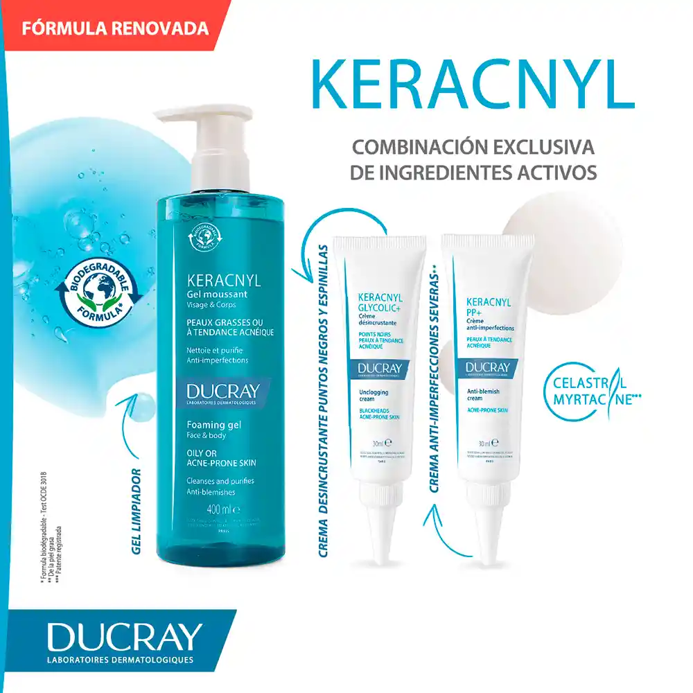 Ducray Crema Facial Keracnyl Glycolic+ Desincrustante Piel Grasa