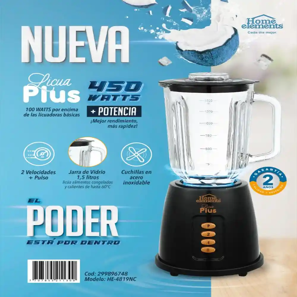  Licuadora Licua Plus  Vaso De Vidrio  Home Elements  
