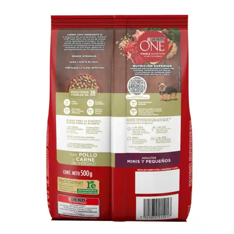 Comida para perro Purina One adultos minis y pequeños Pollo y Carne X 500gr