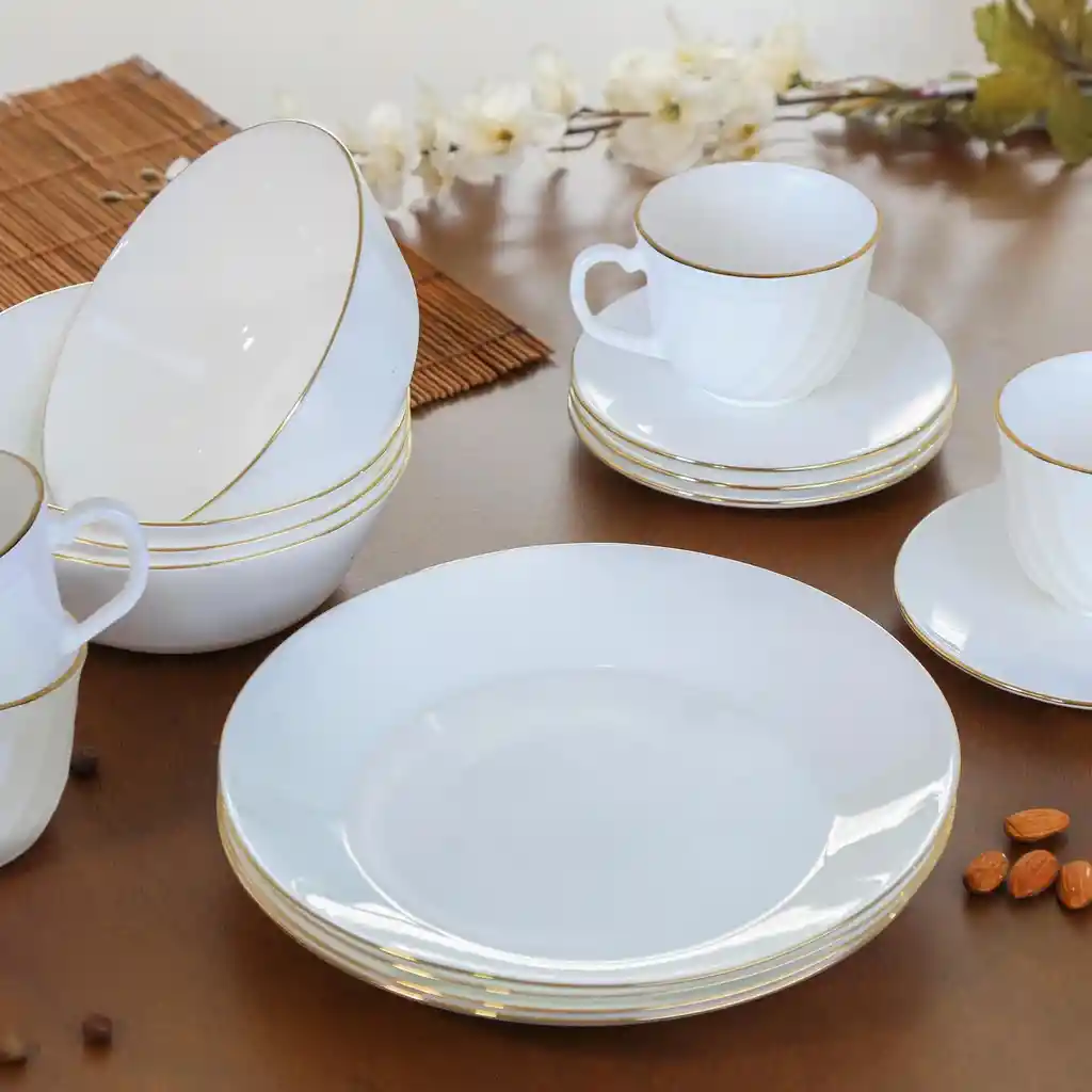 Vajilla Vitrocerámica Borde Dorado 4 Puestos 16 Piezas