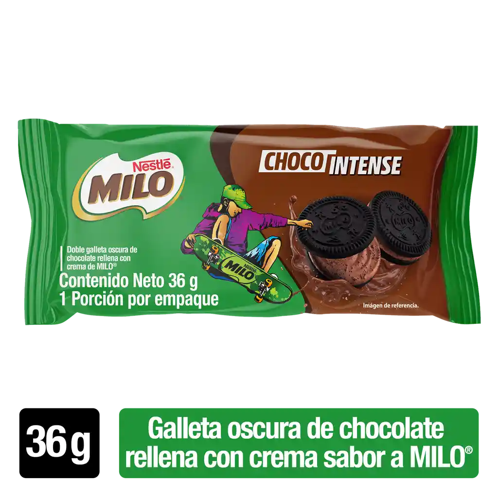 MILO Choco Intense galleta de chocolate rellena con crema de Milo x 36g