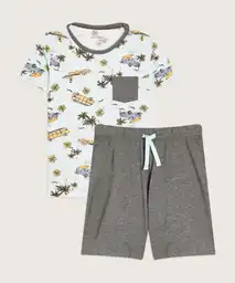 Pijama Camiseta Estampada Con Bolsillo y Short Unicolor