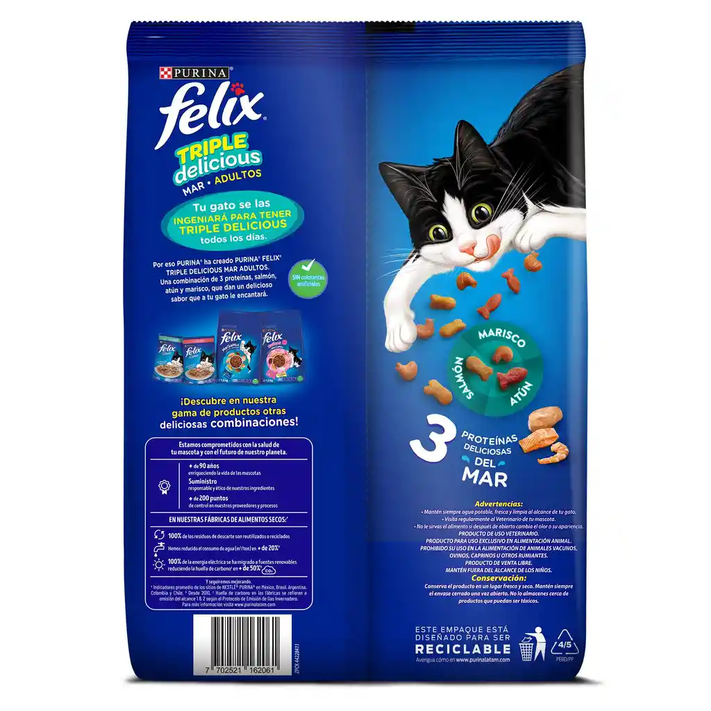Comida para Gatos Purina Felix adulto Triple delicious mar x 1.5 kg