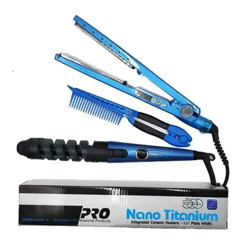 Combo Replica Nano Titanium Para Cabello Con Plancha Mas Peine Mas Rizador