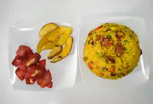 6 Lbs de Arroz + 2 Porciones de Costilla Ahumada + Papas