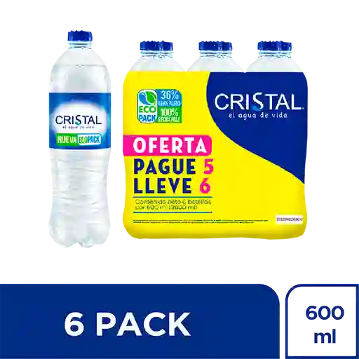 Agua Cristal Pague 5 lleve 6 Pet x 600 mL