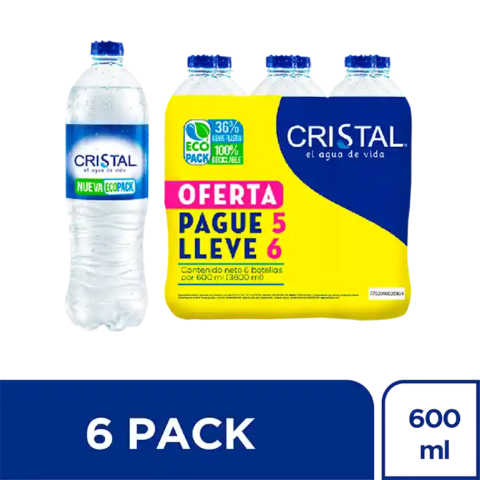 Agua Cristal Pague 5 lleve 6 Pet x 600 mL