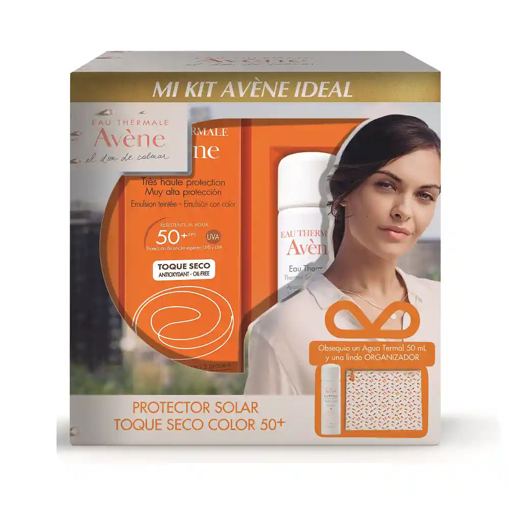 Avene Kit Ideal Protector Solar Toque Seco Color + Agua Termal + Organizador 