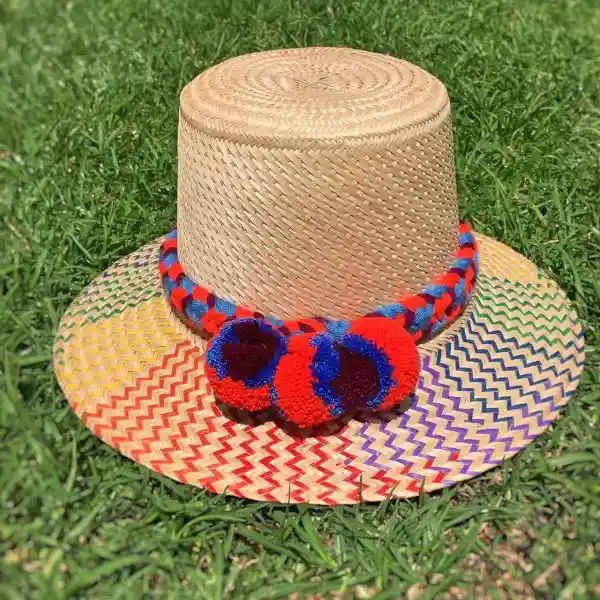 Wayuu Sombrero Tejido En Hoja De Palma Con Trenza Y 3 Pompones