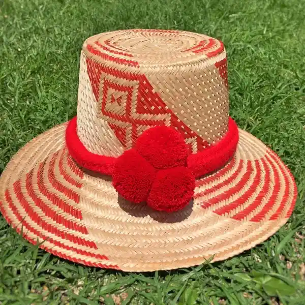 Wayuu Sombrero Tejido En Hoja De Palma Con Trenza Y 3 Pompones