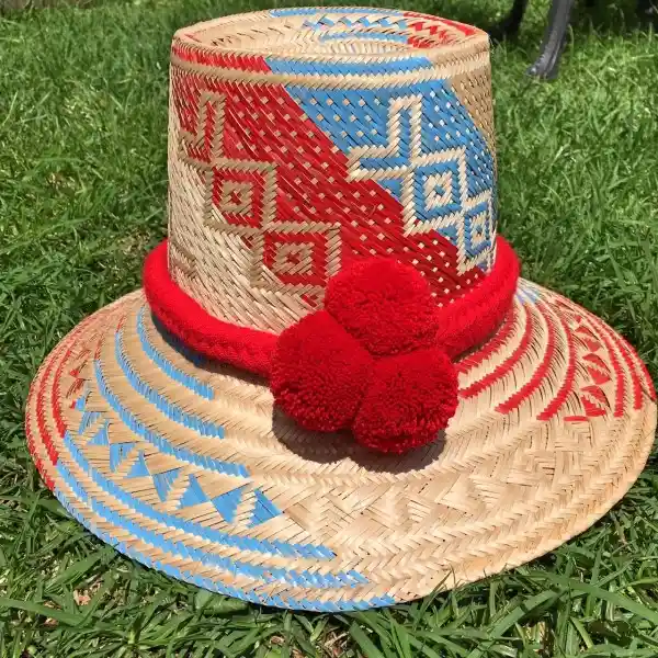 Wayuu Sombrero Tejido En Hoja De Palma Con Trenza Y 3 Pompones