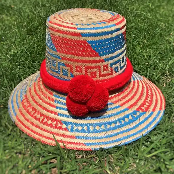 Wayuu Sombrero Tejido En Hoja De Palma Con Trenza Y 3 Pompones