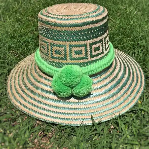 Wayuu Sombrero Tejido En Hoja De Palma Con Trenza Y 3 Pompones