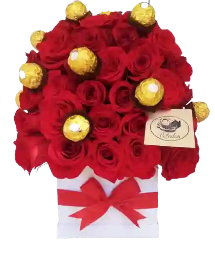 Caja blanca 40 rosas rojas y ferrero