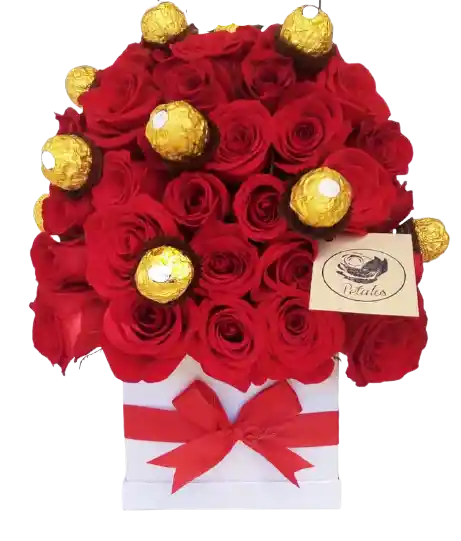 Caja blanca 40 rosas rojas y ferrero