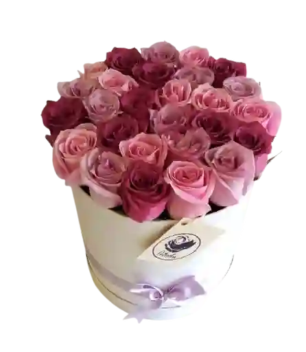 Caja cilíndrica blanca rosas rosadas y lila