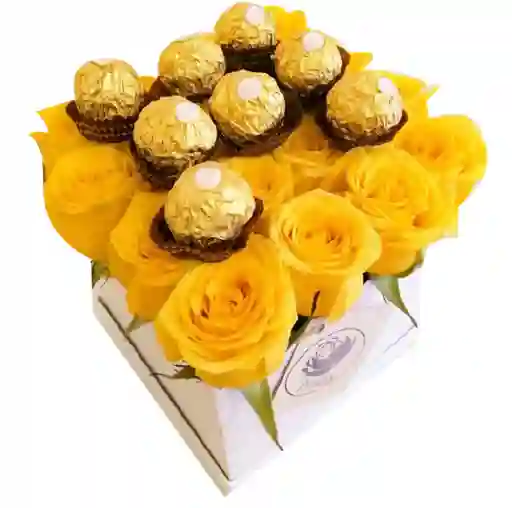 Caja cuadrada blanca con 16 rosas amarillas y ferrero