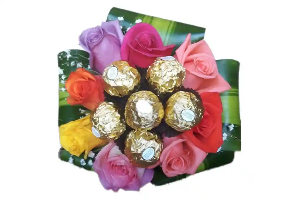 Bouquet de rosas y dracena con ferreros
