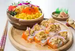 Sushi o bowl pachi kay + gyosa + bebida