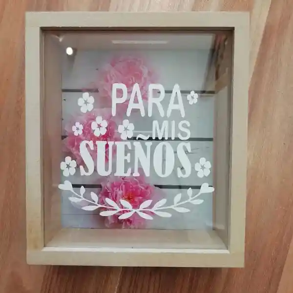 Alcancia En Madera Y Vidrio "para Mis Sueños". Tamaño 25 X 25