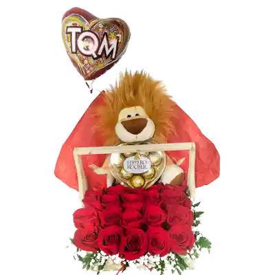 Caja Con 12 Rosas y 1 Peluche Amor León