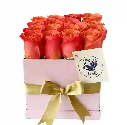 Caja cuadrada rosada con rosas salmón