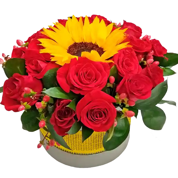 Caja Redonda en Rosas Rojas y Girasol
