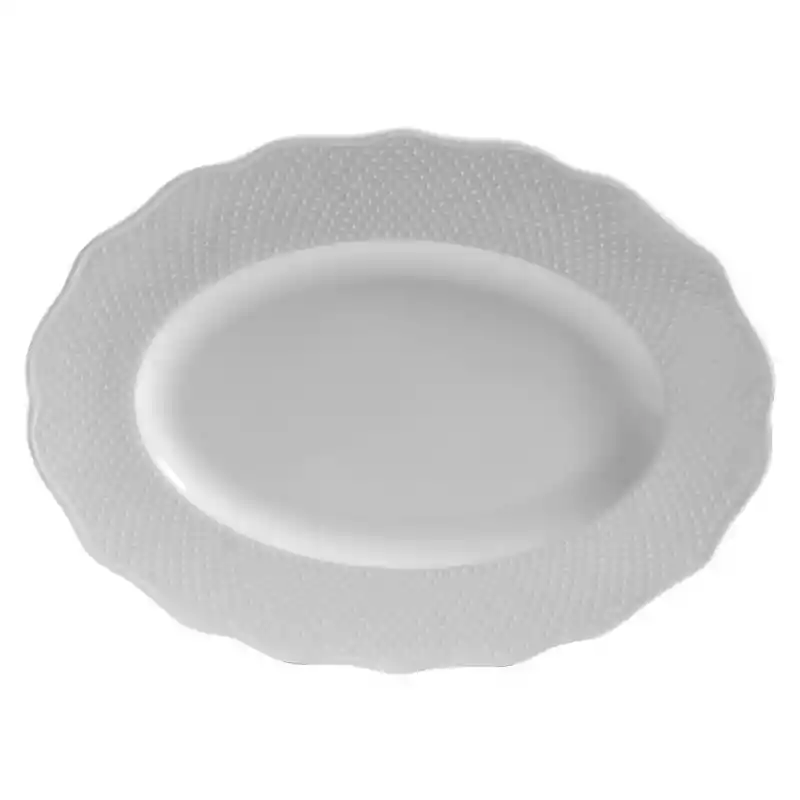 Plato de 34  cm Qualities Blanco Ip3621, se Trata de tu Hogar. Plato Pando Elaborado en Porcelana. Color Blanco. Superficie Interna Lisa. Bordes Rugosos. Diseño de Puntos Con Relieve. Ideal Para Snacks. Forma Ovalada Con Bordes Curvos. Contraste Brillante. Medidas: 26 x 34 x 3  cm. Marca: Qualitier. 191479. Sku 1234567891136