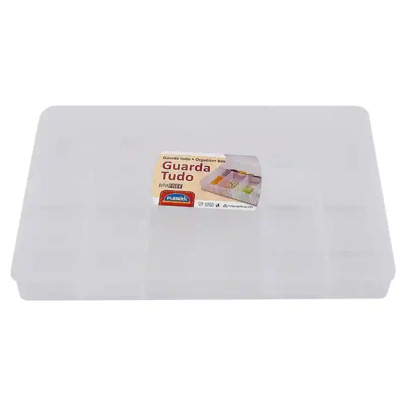 Caja Organizadora de Forma Rectangular. Elaborada en Plástico. Tiene Dos Seguros Delanteros a Presión. Tapa Que Abre en Forma Vertical. Ideal Para Guardar Objetos Pequeño y Clasificarlos. Posee 10 Compartimentos Interiores de Diferentes Tamaños. Es Libre de Bpa, no Tóxica. Sku 7896042027906