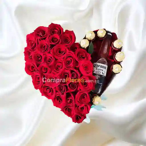 Corazon de Rosas Cerveza Corona y Chocolates Ferrero Rocher