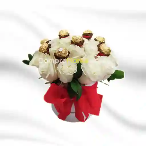 Cilindro de Rosas Blancas y Chocolates Ferrero Rocher