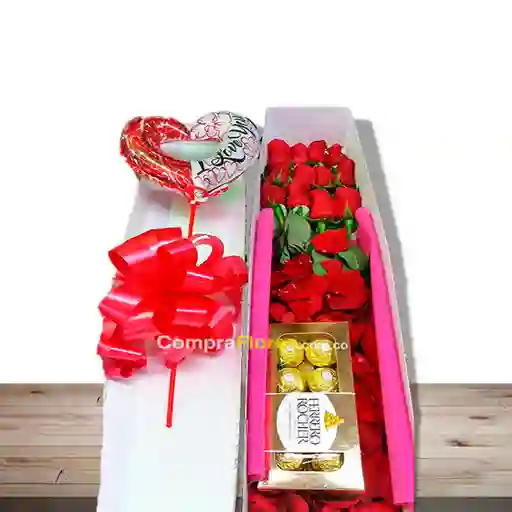 caja de 12 rosas. globo y Chocolates.