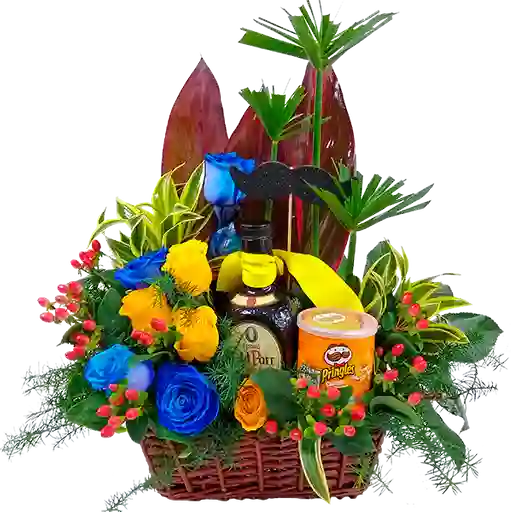 Arreglo Floral Rosas Amarillas y Azules Con Old Parr y Papas