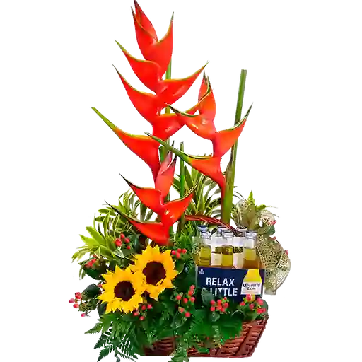 Arreglo Floral en Heliconia y Girasoles Con Six Pack