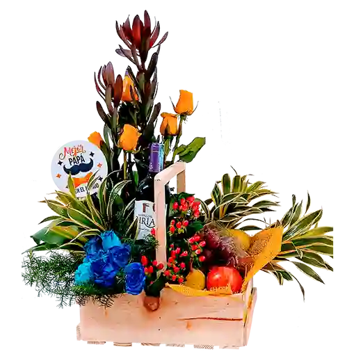 Arreglo Floral Exótico en Rosas Amarillas Azules Con Vino Frutas