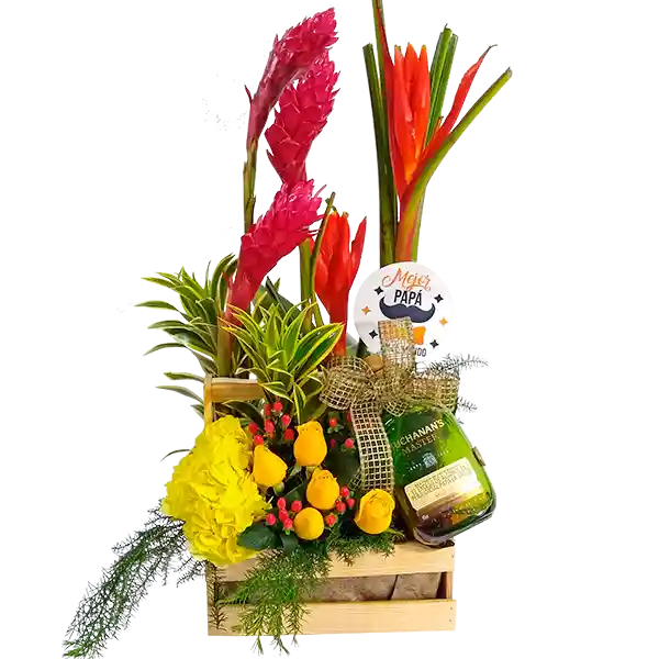 Arreglo Floral en Musas y Ginger Con Botella Buchanans