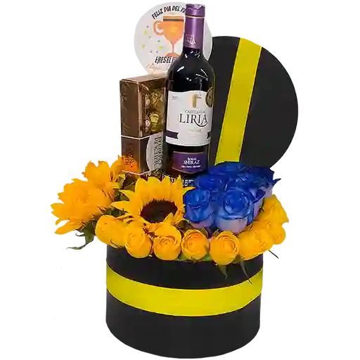 Arreglo Floral en Rosas y Girasoles Con Vino