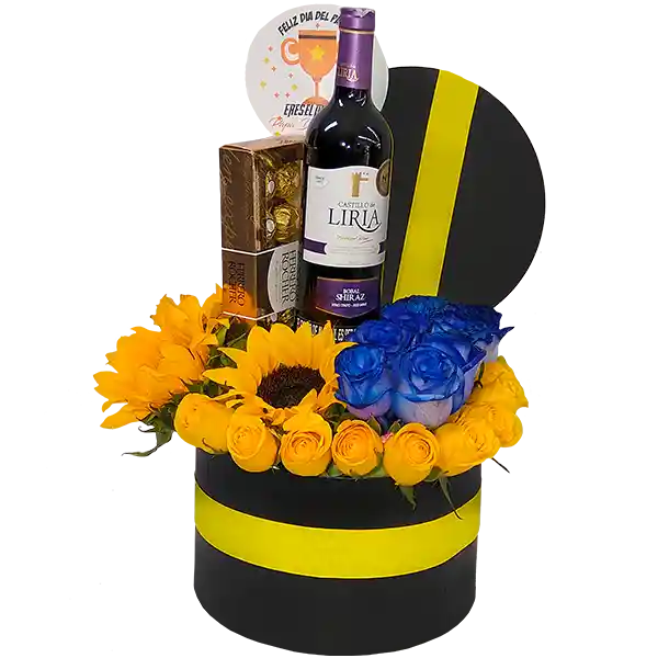 Arreglo Floral en Rosas y Girasoles Con Vino