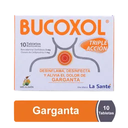 Bucoxol Analgésico-Antiséptico-Antiinflamatorio (3 mg/1 mg) Tabletas Masticables Sabor a Miel y Limón