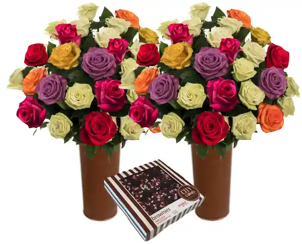 50 Rosas Surtidas de Exportación + Caja de Brownies